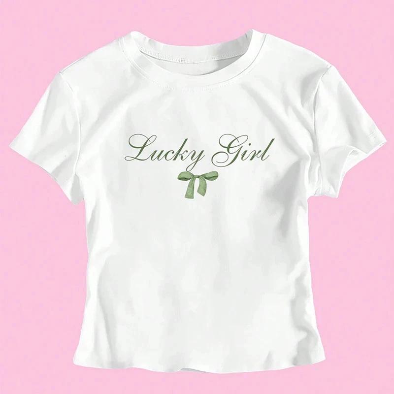 Lucky Girl Bow Coquette Baby Tee Womens Y2K Slim Fit Crop Top Aesthetic S-L S