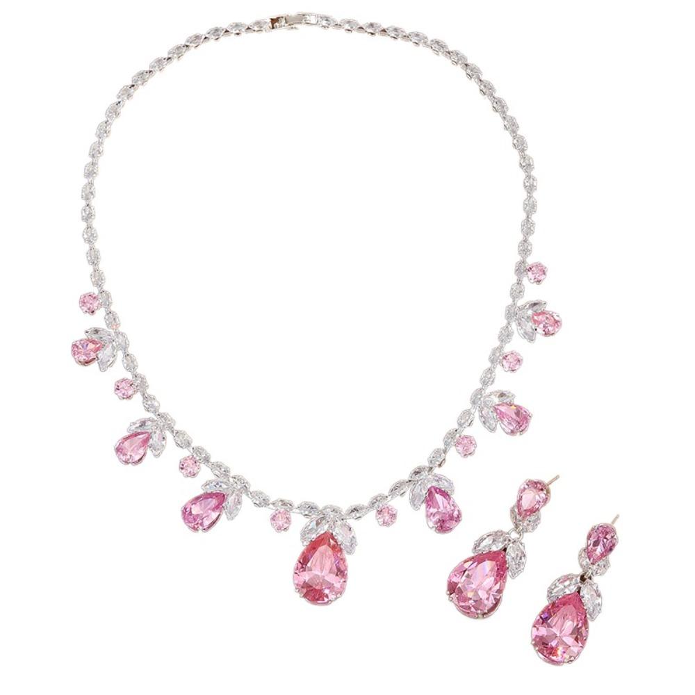 3Pcs Delicate Crystal Necklace Earrings Set Waterdrop Zircon Women Jewelry Suit  Gifts розовый