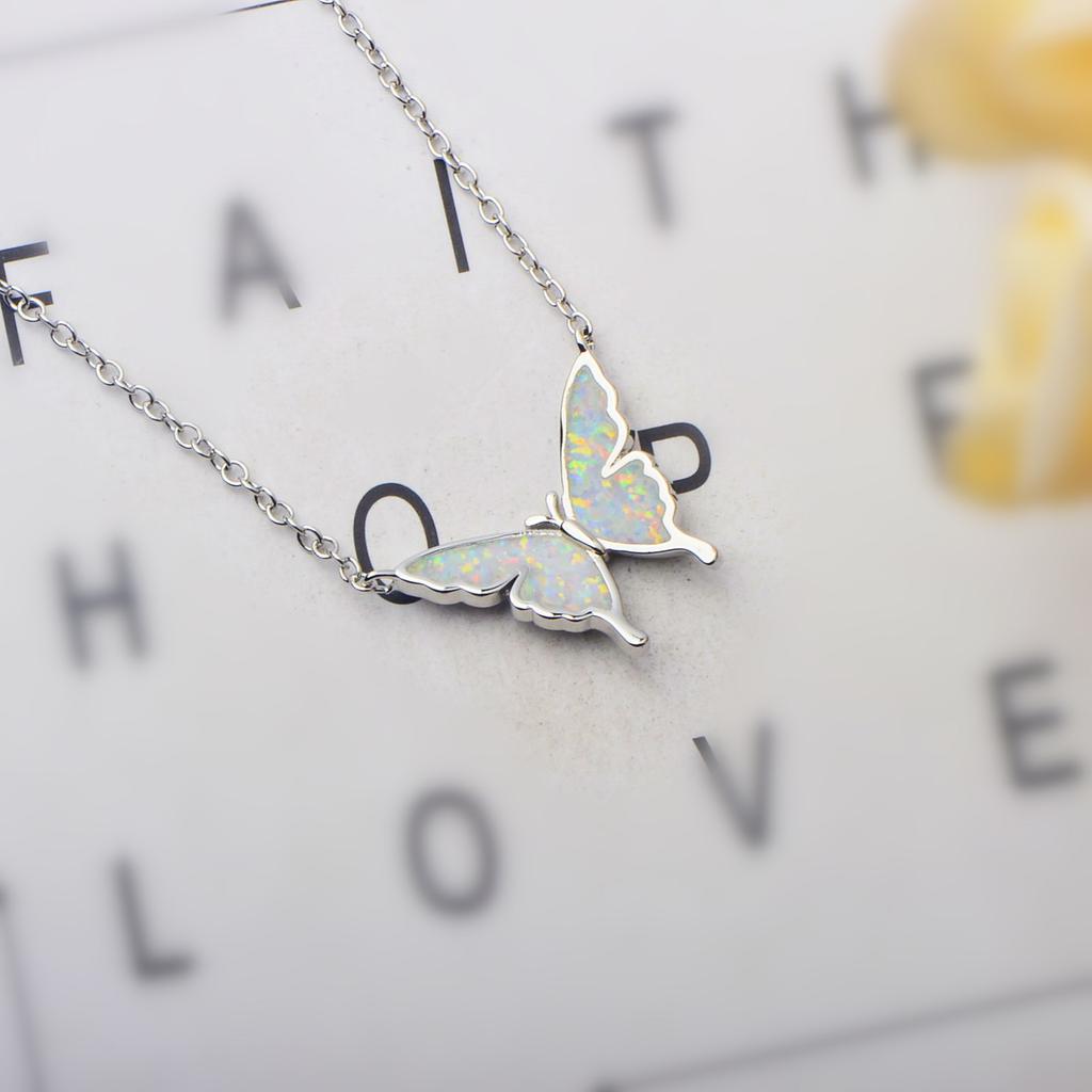 Iridescent Opal Butterfly Pendant Necklace with Silver Sweater Chain