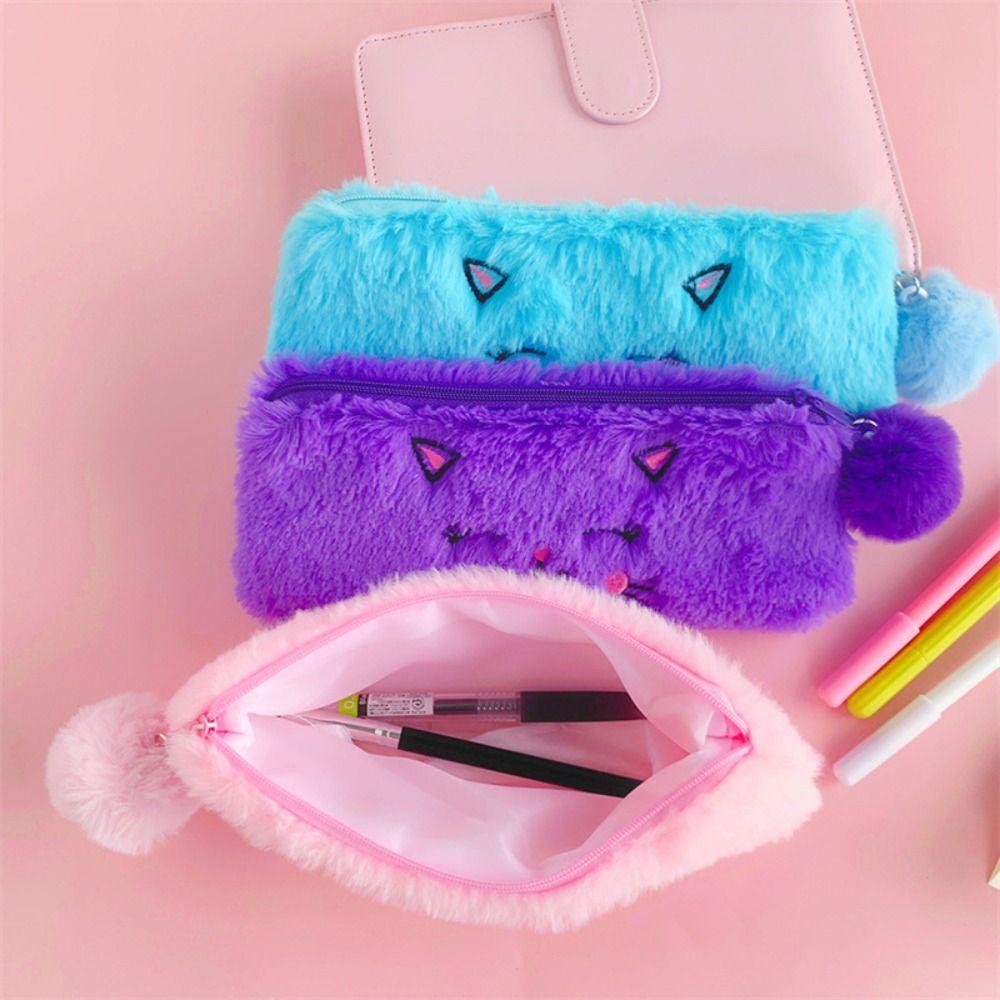 

3Pcs Fluffy Cartoon Pencil Bag Kitten Desktop Storage Bag Portable Makeup Lipstick Bag Students 3Pcs