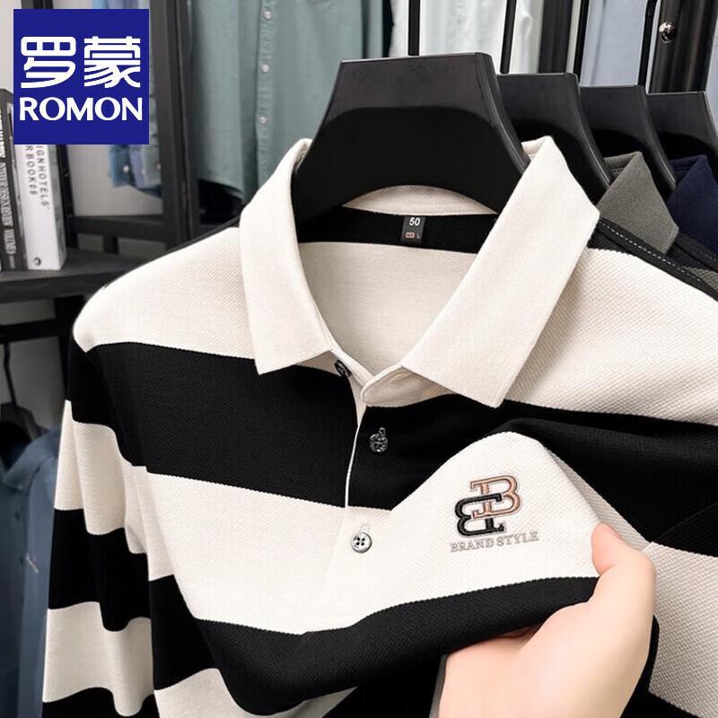 Romon Men s Casual Striped Lapel Long-Sleeve Polo Shirt M
