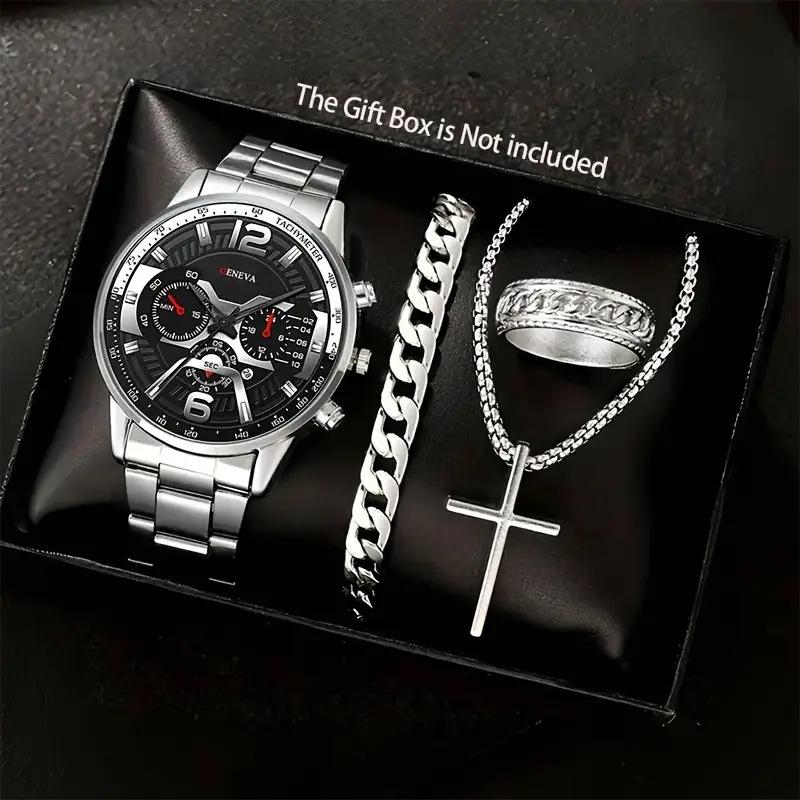 4pcs Luxury Men Business Quartz Watch Gold Roman with Calendar Wrist Watch Cross Necklace Bracelet Ring Set Men's Gift NO BOX