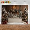 Mocsicka Christmas Tree Backdrop Photography Winter Snow White Palace Bed Photo Background Indoor Wooden Wall Lamp Decors Banner