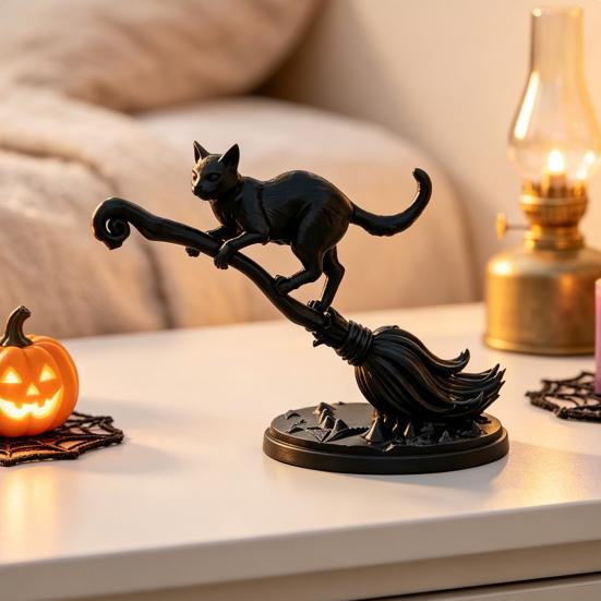 Durable Pla Craft Black Cat On Witch Broom Figurine, 3D Printed Broomstick Statue, Halloween Table Decoration Tabletop Ornament for Tiered Tray, Desk,