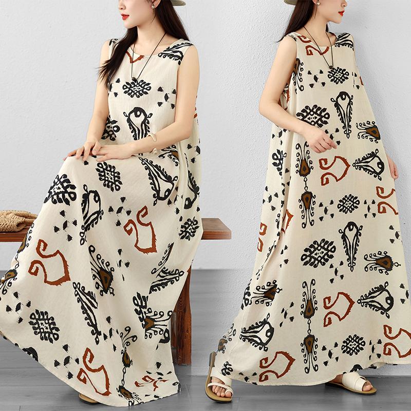 DIMANAF 2026 Women Plus Size Summer Beach Loose Lady Long Dress Vest Sleeveless Vintage Oversize Maxi Print Sundress Clothing