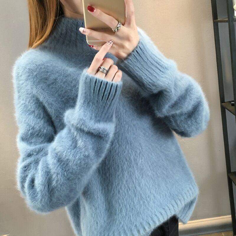 Women Sweaters Imitation Mink Fur Thick Soft Plush Turtleneck Casual Knitted Tops Warm Loose Pullover Sweater