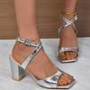 Size 36-43 Gold/Silver Womens Sandals Summer New Sexy Square Head Buckle Strap Peep Toe Slingback Thick High Heel Banquet Shoes