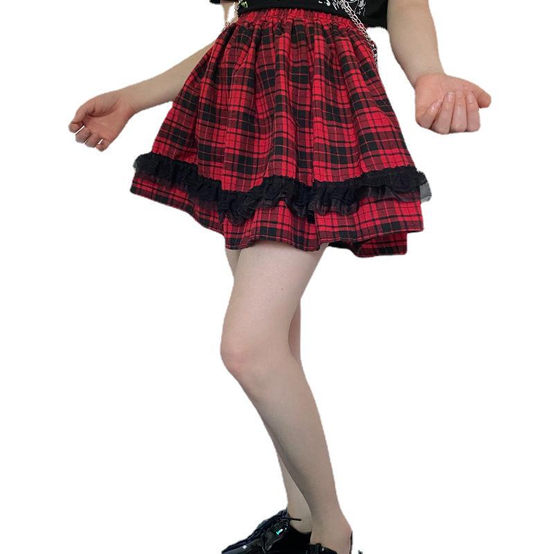 Y2K Plaid Lace Patchwork High-Waisted Mini Skirt, Elastic Waist Slimming A-Line, Pleated JK Visual Kei