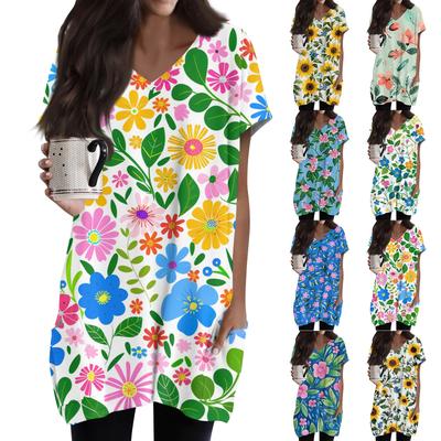 Women's Retro Flower And Leaf Print V-Neck Midi Pocket Short Sleeve Top