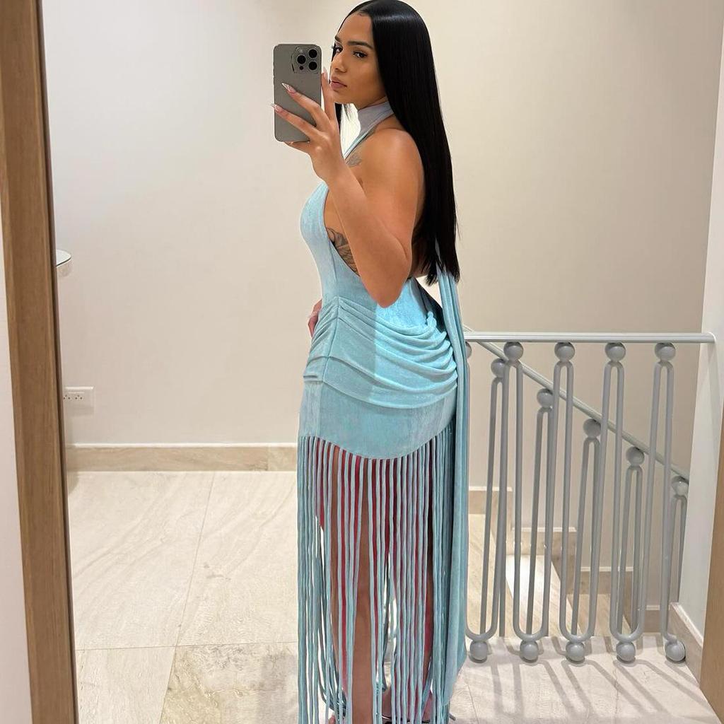 European Style Tassel Halter Backless Sexy Dress