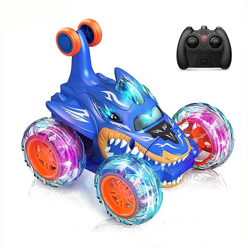 Remote Control Stunt Car 360° Flip Toy for Boy RC Car 4WD Cartoon Shark with Light Rotation Off Road Drift 2.4G Kid Toy Gift