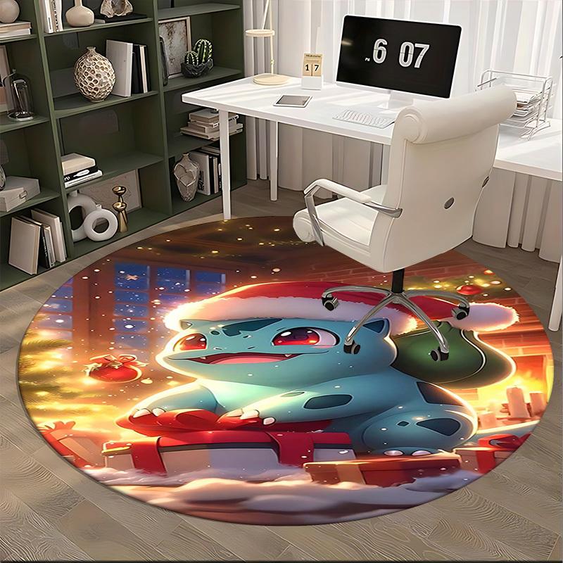 1pc Christmas Santa Cap Bulbasaur Anime Design Round Carpet - Office Chair Mat, Non-Slip Rug for Home Decor, Living Room