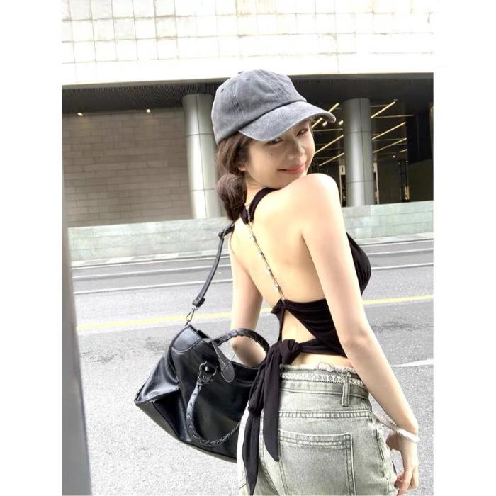 Pure desire wind neck halter sling vest women's summer personality design sense straps slim and thin sleeveless top