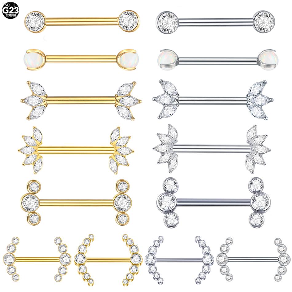 1 Peça Barra de Titânio para Mamilo com Argola Cristal CZ Banhada a Ouro com Escudo Pendurado Barra para Mulheres Piercing de Mamilo com Rosca Interna