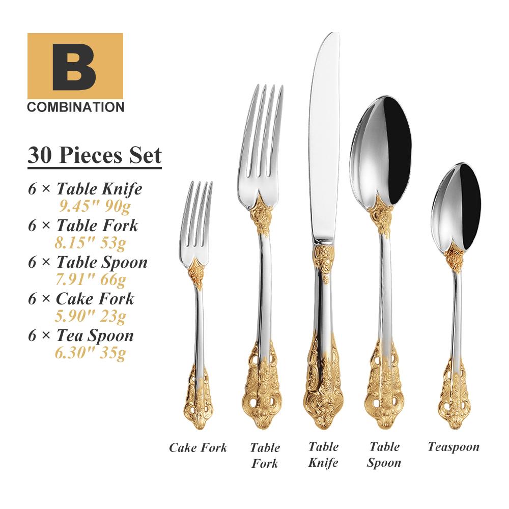 30-Pieces Royal Vintage Gold Plated Stainless Steel Cutlery Colorful Spoon Fork Knife Set Black Rose Gold Flatware Service For 6