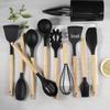 11-Piece Silicone Kitchen Utensil Set with Wooden Handles - Black & Khaki Storage Bucket Included