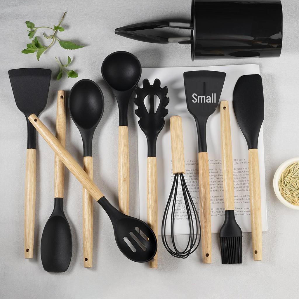 11-Piece Silicone Kitchen Utensil Set with Wooden Handles - Black & Khaki Storage Bucket Included