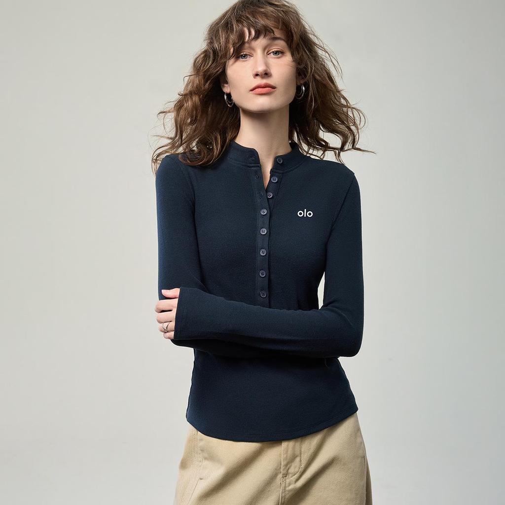 Dámské broušené tričko s knoflíkovou légou a dlouhým rukávem - Podzimní potisk 2025 Slim základní vrstva