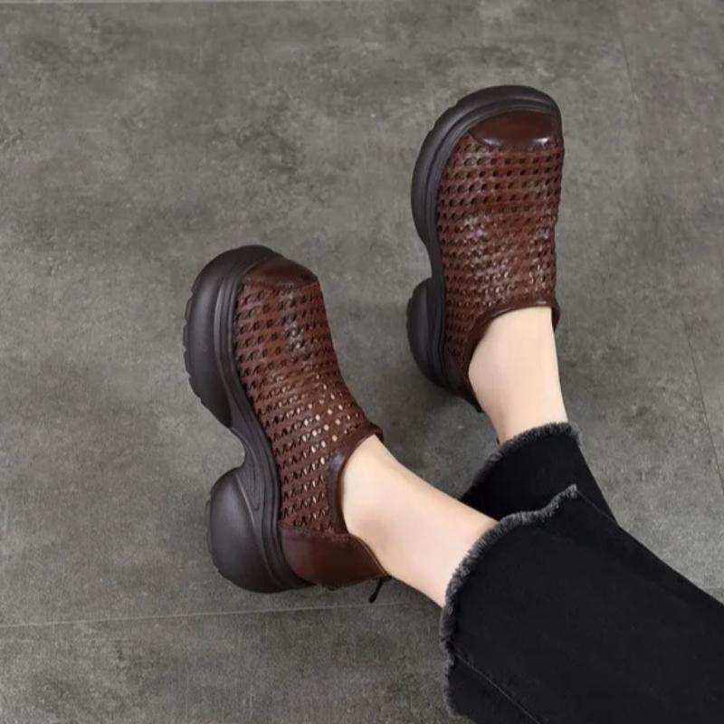 Johnature Thick Soled Height Increasing Genuine Leather Woven Sandals Hollow Breathable Women's Platform Shoes