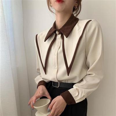 Vintage Elegant Shirts Women's Chiffon Patchwork Shirts with Ruffles Turn-down Collar Long Sleeve Blouse Office Women's Loose Tops