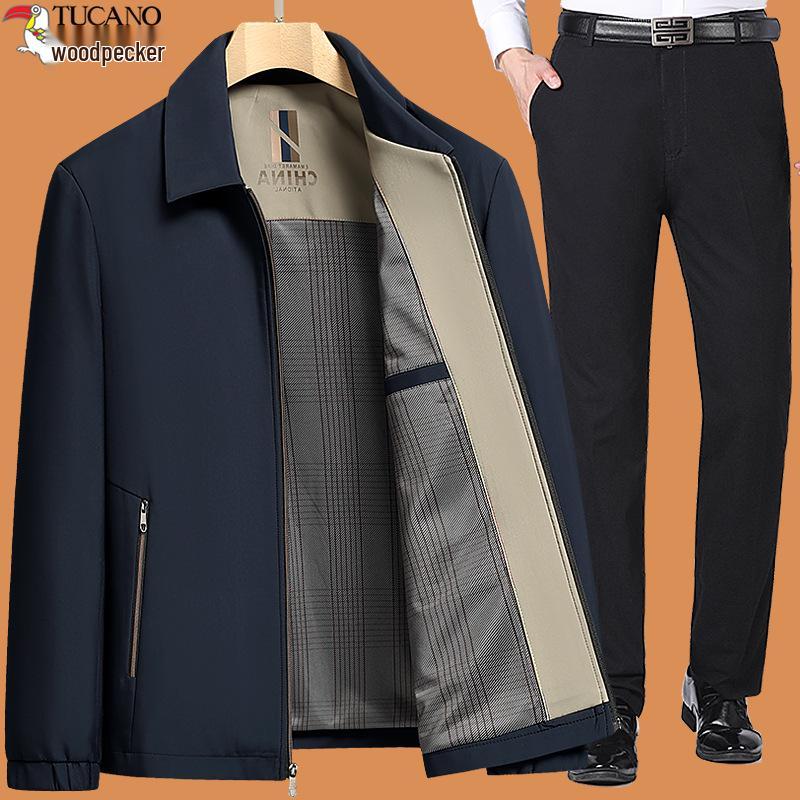 Woodpecker 2025 Dad Outerwear Set: Men's Spring and Autumn Jacket for Middle-Aged and Elderly