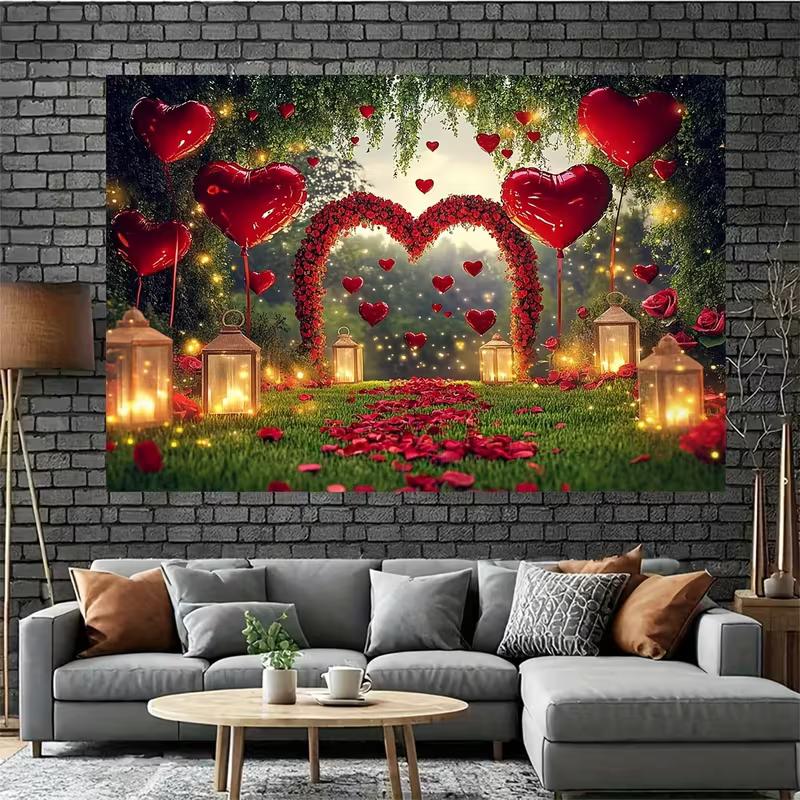 2D Romantic Valentine's Day Backdrop Red Heart Balloon Rose Arch Party Background