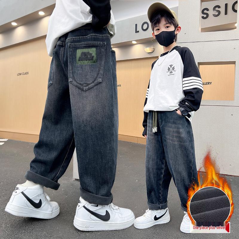 Jungen Winter Fleece-gefütterte dicke Jeans - 2025 Trendige warme Baumwollhosen für Kinder (mittlere bis große Größen) für Herbst/Winter.