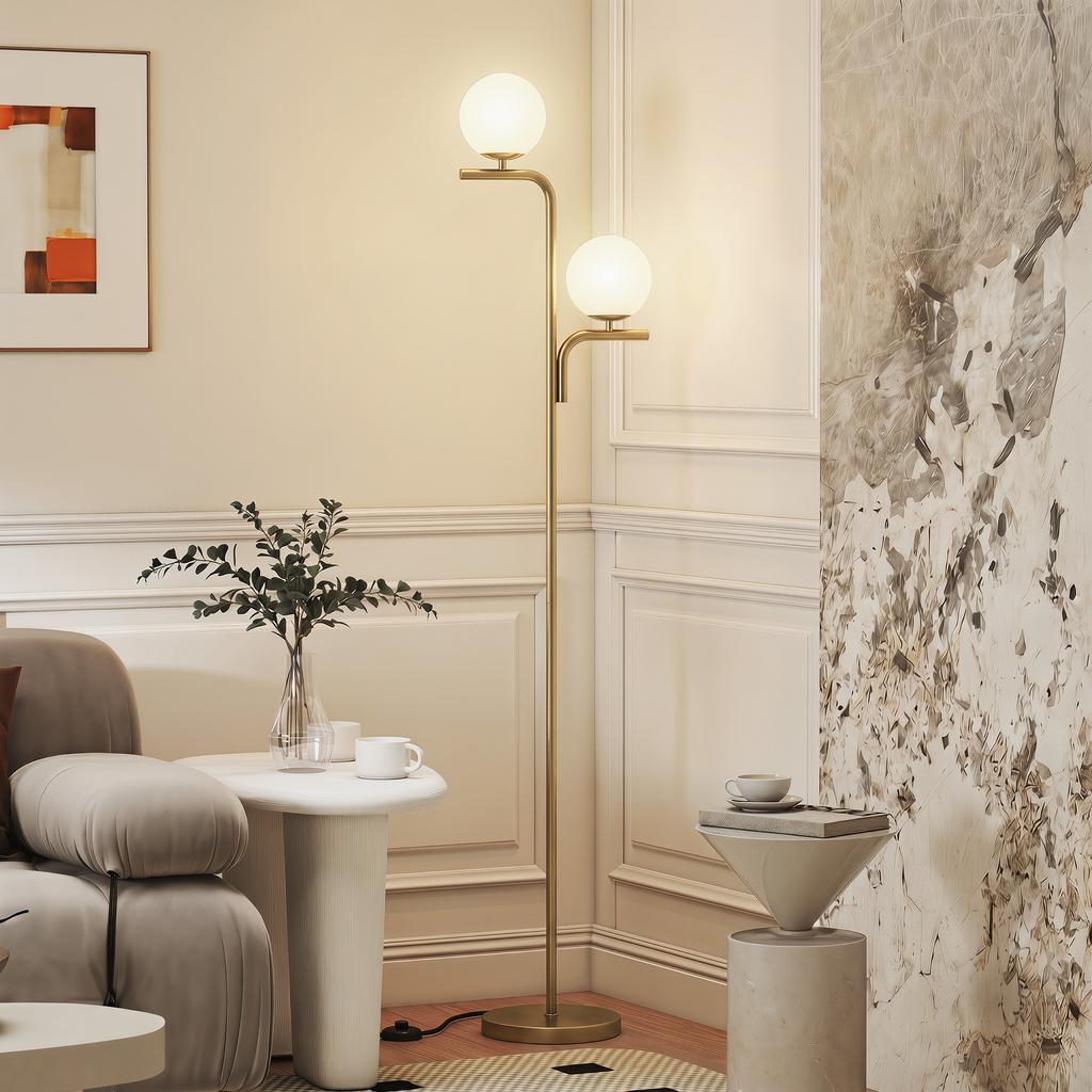 LED Floor Lamp, Modern Lamp with 3 Color Temperatures, Glass Globe Shades and Foot Switch, Gold