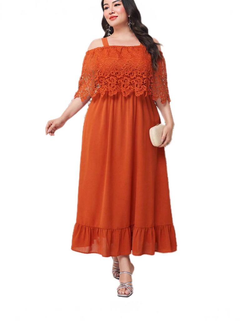 Elegant Off-Shoulder Plus Size Lace Trim Dress