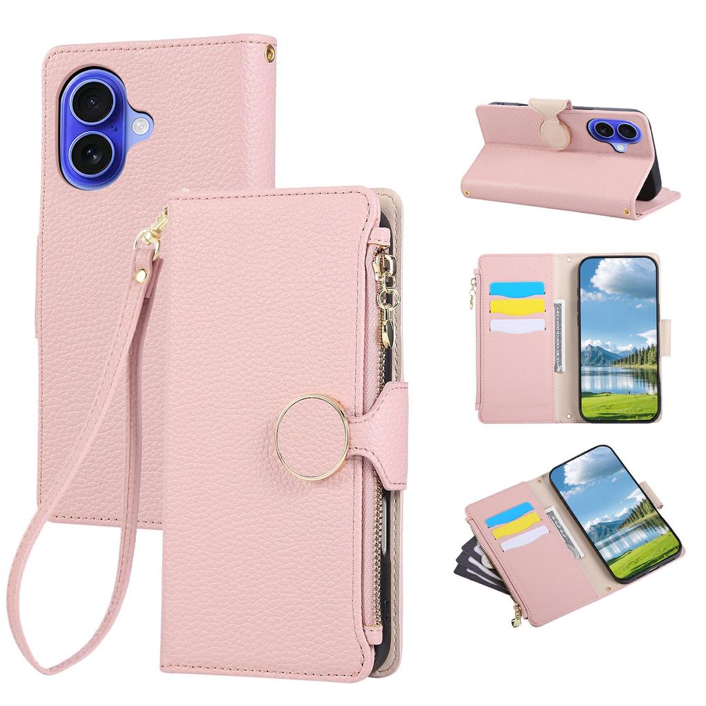 For iPhone 16 Case Zipper Wallet Leather Phone Cover with Wrist Strap