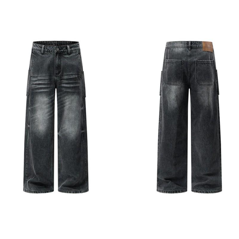 Mens Baggy Straight Leg Jeans Vintage Wash Distressed Punk Style Casual Denim Pants