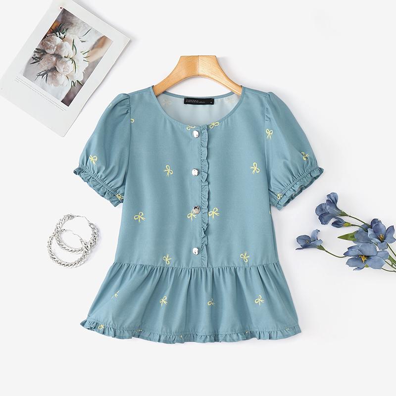 

ZANZEA Женская повседневная летняя блузка с круглым вырезом и коротким рукавом с принтом 4XL