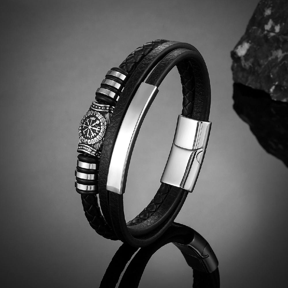 Viking Rune Compass Multi-layer Leather Bracelets Mens Stainless Steel Magnet Clasp Wristband Vintage Norse Male Amulet Jewelry