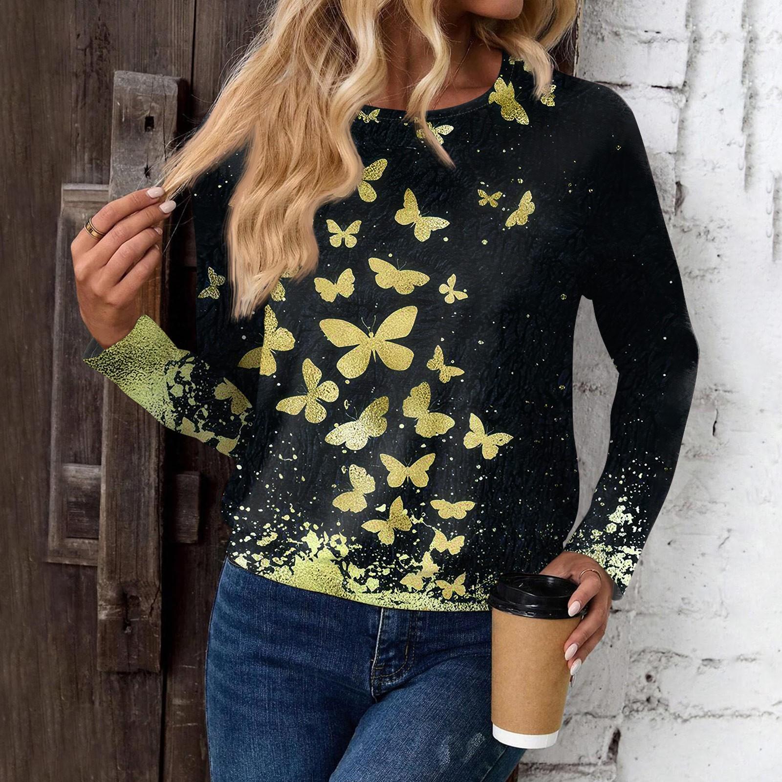 

Женский модный повседневный топ с длинными рукавами и принтом, открытыми плечами и круглым вырезом XL жёлтый