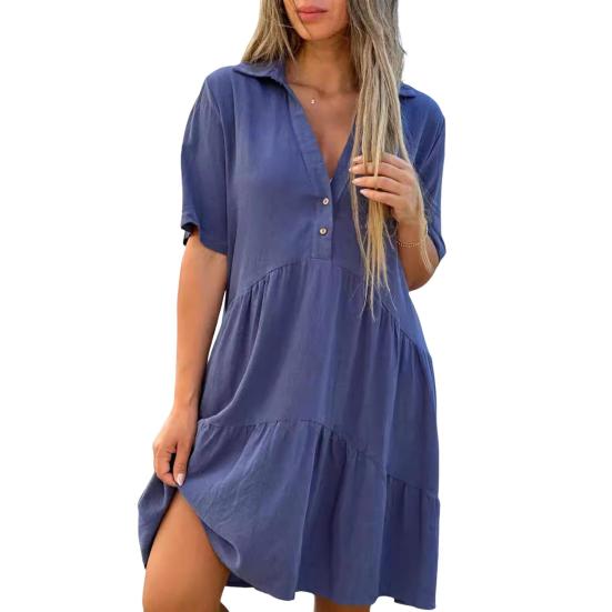 Abito Estivo da Donna Scollo a V Revers Plissettato Orlo Patchwork Tinta Unita Ampio A-line Ampio Giro Maniche Corte Lunghezza Ginocchio Abito Midi