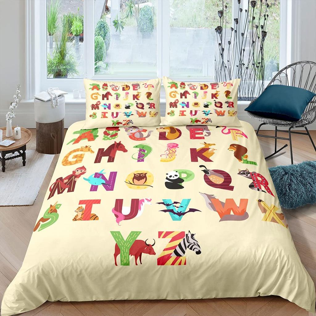 Kids Alphabet Duvet Cover Set Polyester Digital Pattern Bedding Twin Size Hand Painted Educational Quilt Cover