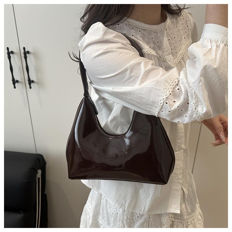 Glossy Faux Leather Crescent Bag for Women Fashionable Handheld Shoulder Purse Trendy Daily Clutch