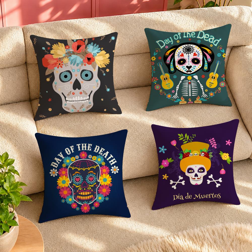 Mexico Easter Flower Skeleton Cushion Cover Case Antidustmite Pillowcase Invisible Zipper Silky Short Plush Sofa Cushion Cover