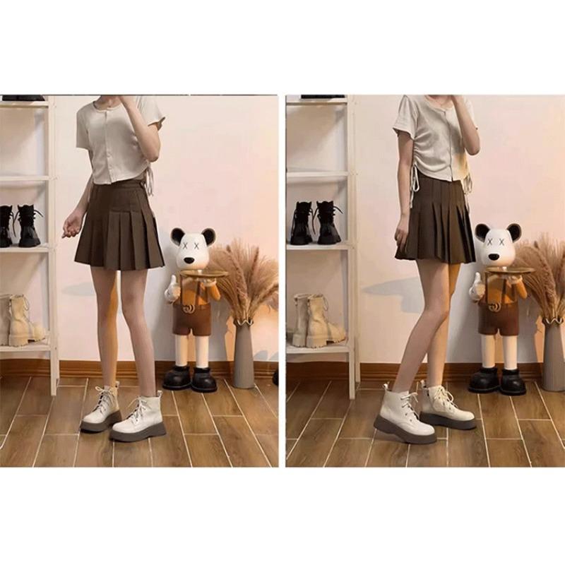 Botas curtas retrô de sola grossa com cadarço e zíper lateral feminino, novo design de bico redondo