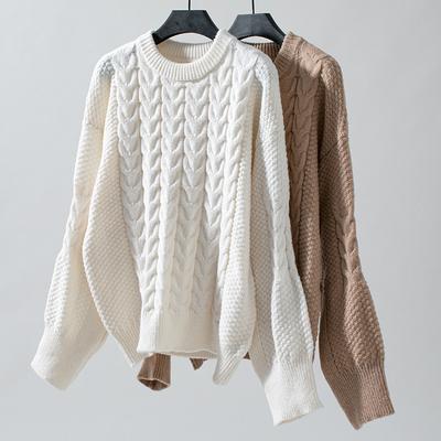 Pulôver de malha feminino outono/inverno, gola redonda, torção solta, cor sólida