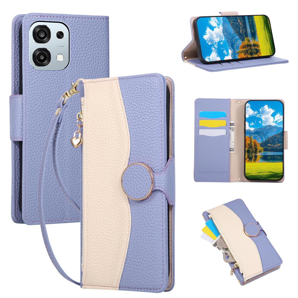 Pro Oppo A6 Pro 5G Pouzdro Peněženka na zip Barevné spojování TPU PU kůže Sklopný kryt telefonu s popruhem