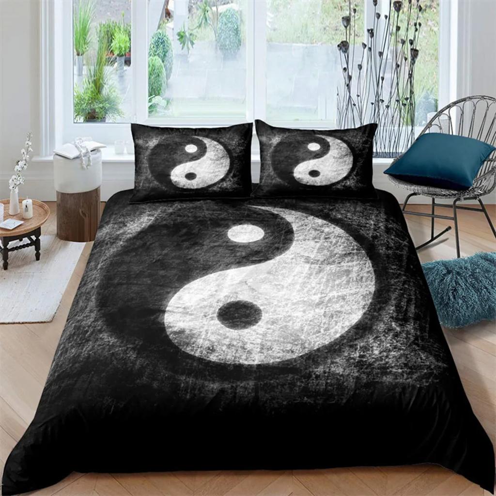 Black and White Yin Yang Duvet Cover Chinese Style Gossip Koi Couple Fish Mysterious Art Theme for Boy Girls Adult Bedroom Decor