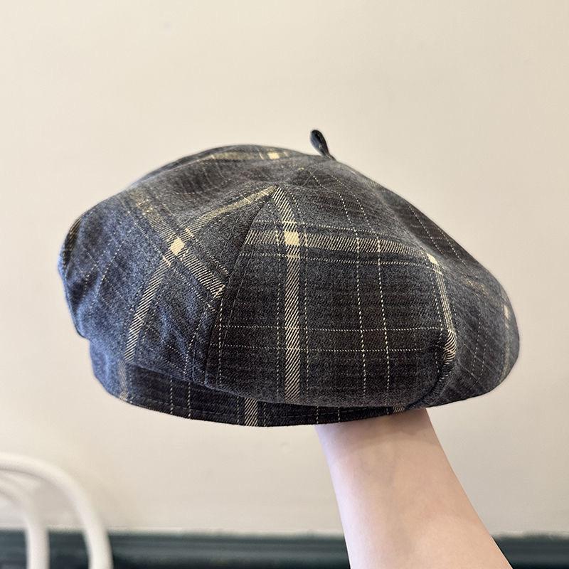 New Korean Dopamine Color Plaid Beret Women's Autumn Sweet British Painter's Hat Plaid Octagonal Hat