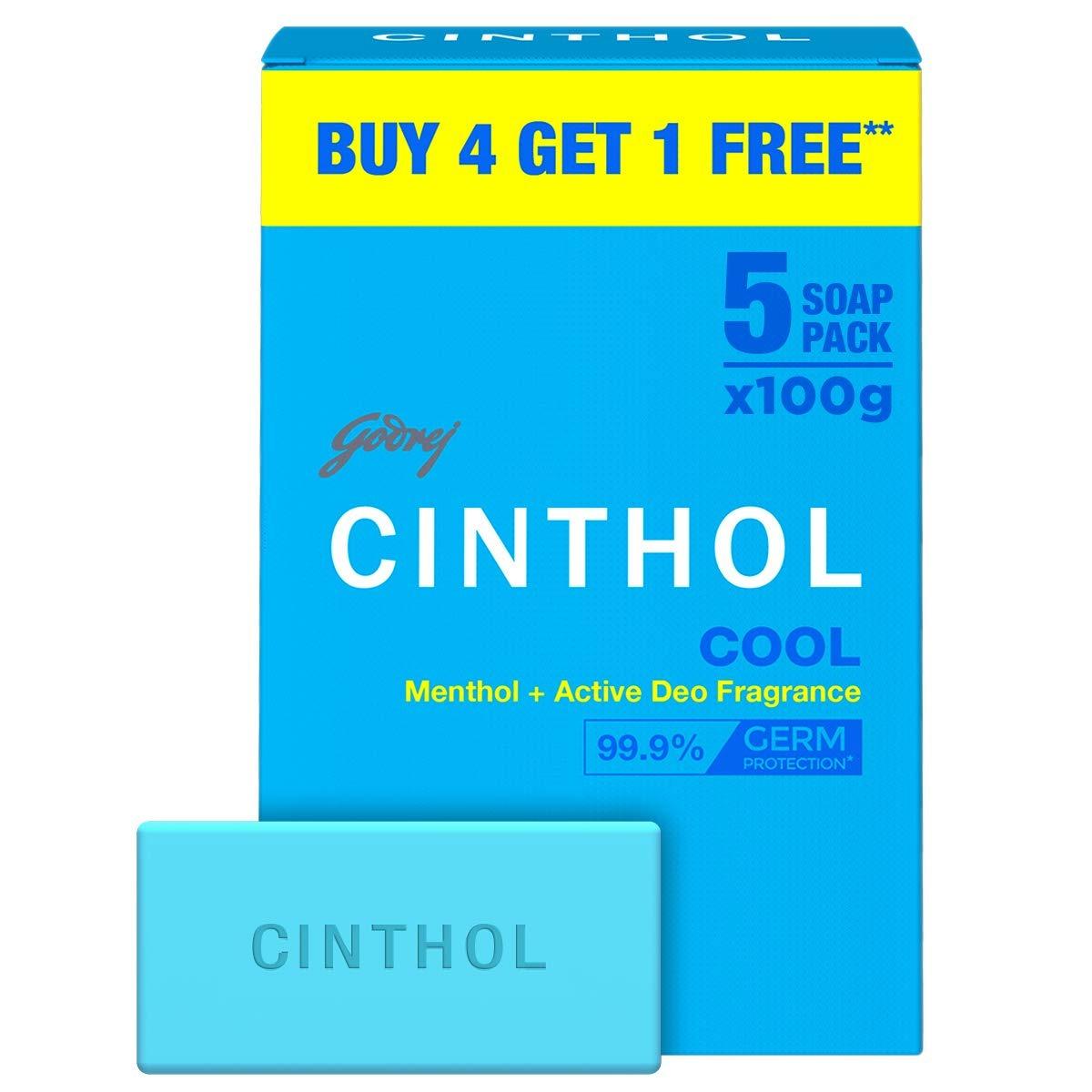 Cinthol Cool Soap, 100g (Pack of 5) | with Icy-cool Menthol | Soaps For Bath | Grade 1 Soap | For All Skin Types 100 g (Pack of 5)