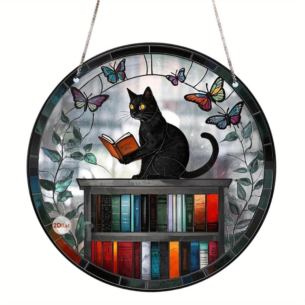 Catcher dei sogni rotondo in acrilico retrò 2D per Halloween - motivo pipistrello/corvo/gatto nero decorazione per finestra, decorazione per la casa horror da interni ed esterni