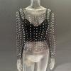 Spring and Summer Women's Bubble Beads See-through Mesh Long-sleeved Tops