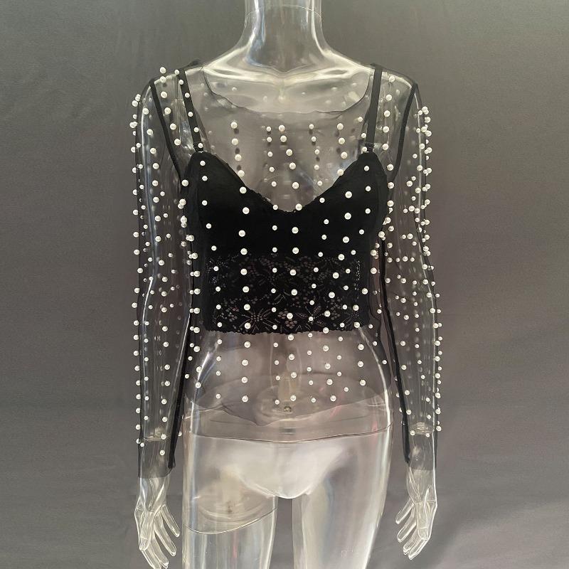 Spring and Summer Women's Bubble Beads See-through Mesh Long-sleeved Tops