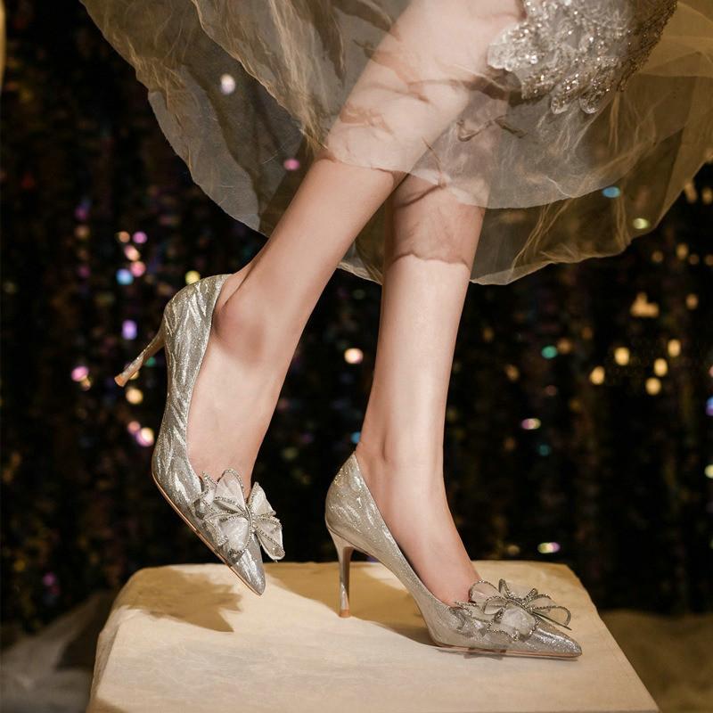 Fashion High Heels Women Silver Chunky Glass Slipper Wedding Shoes Two Wear Gold Mid-Heel Bridesmaid Shoes