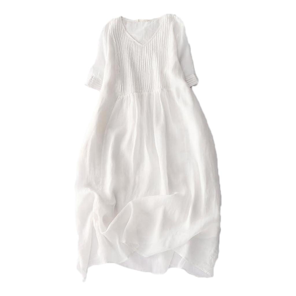 Vintage Style Accordion Pleated Dress V Neck Linen Blend Long Dress Women Lightweight Breathable Casual Loose Fit Dress