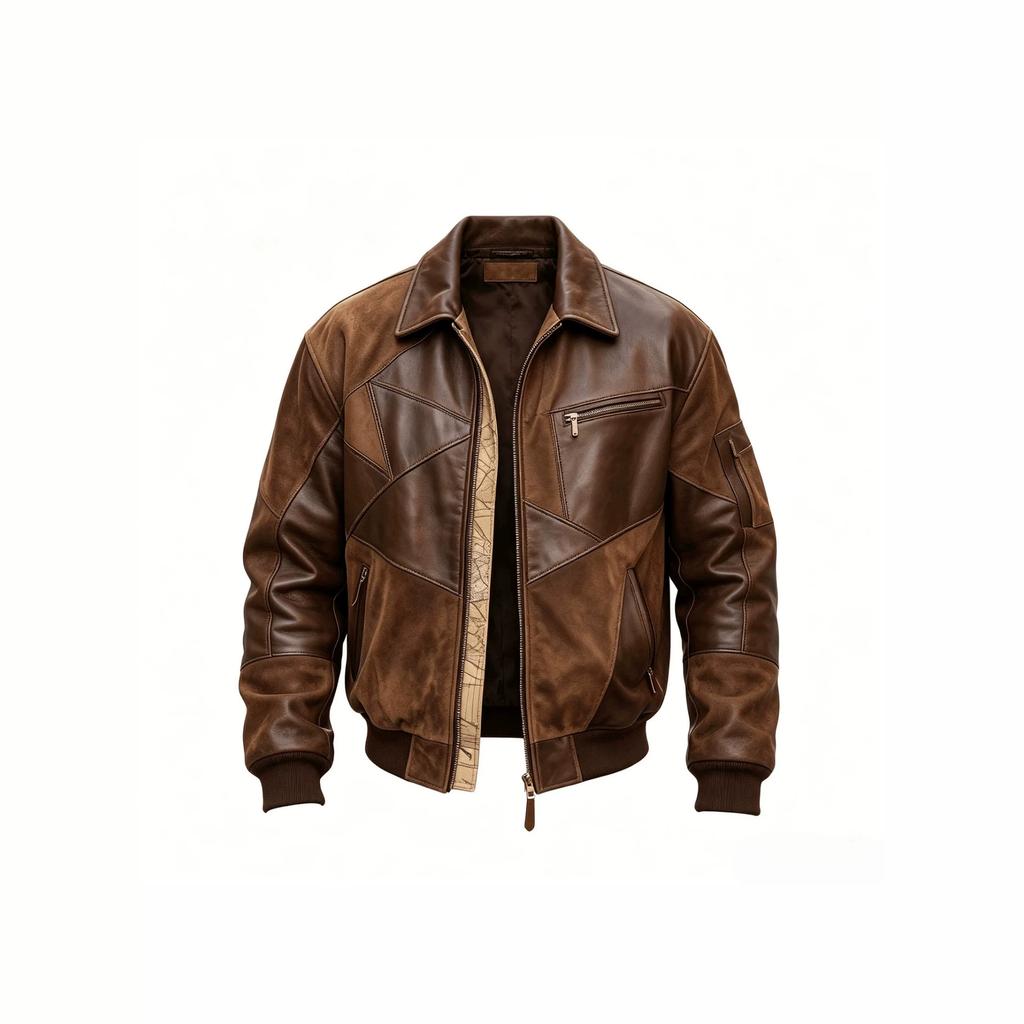 Men's Geometric Splicing Flight Jacket Lapel Zipper Multi-Pocket Retro Jacket